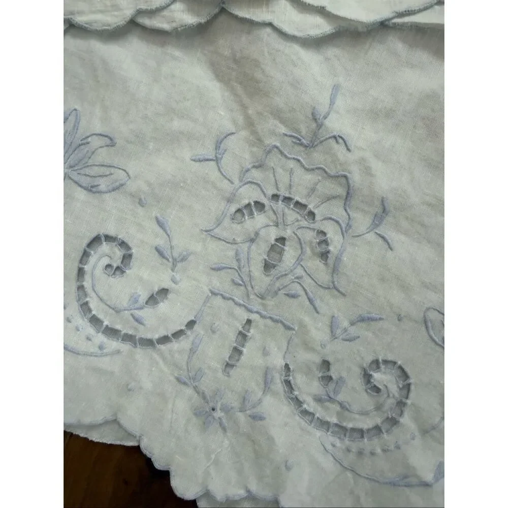 2 Vintage Queen Size Pillowcases Blue Embroidered Scalloped Edge